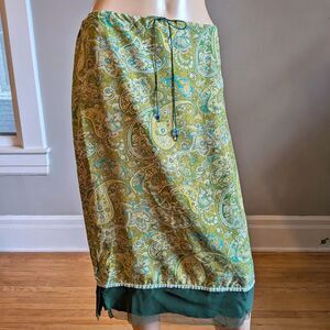 Vintage Y2K Express Paisley Silk Midi Skirt Green Floral Fairycore Beads Size 7
